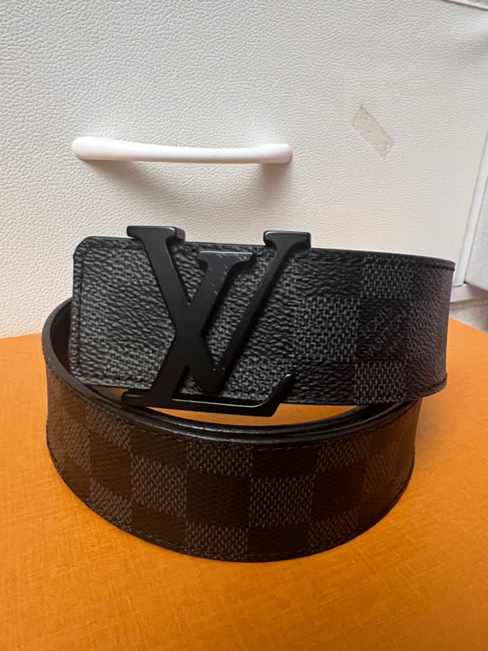 LV Initiales Black Checkered Leather Belt with Matte Black Initial Buckle